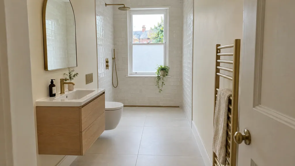 Fully open wet room with no glass screen in an Irish terraced house, with a rain shower and linear drain at the far end.