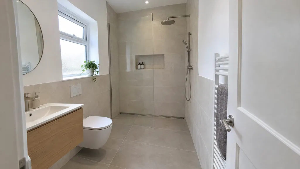 Small wet room ideas in a Dublin semi: a level tiled floor, linear drain and fixed glass screen in a compact bathroom.