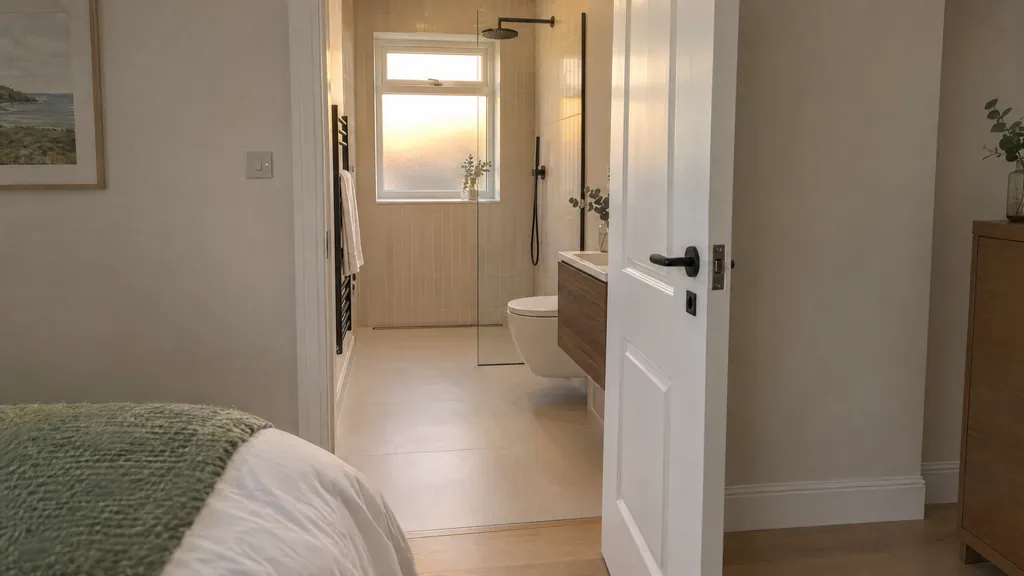 Wet room ensuite in an Irish home with a level porcelain floor, fixed glass screen and a view through to the bedroom.