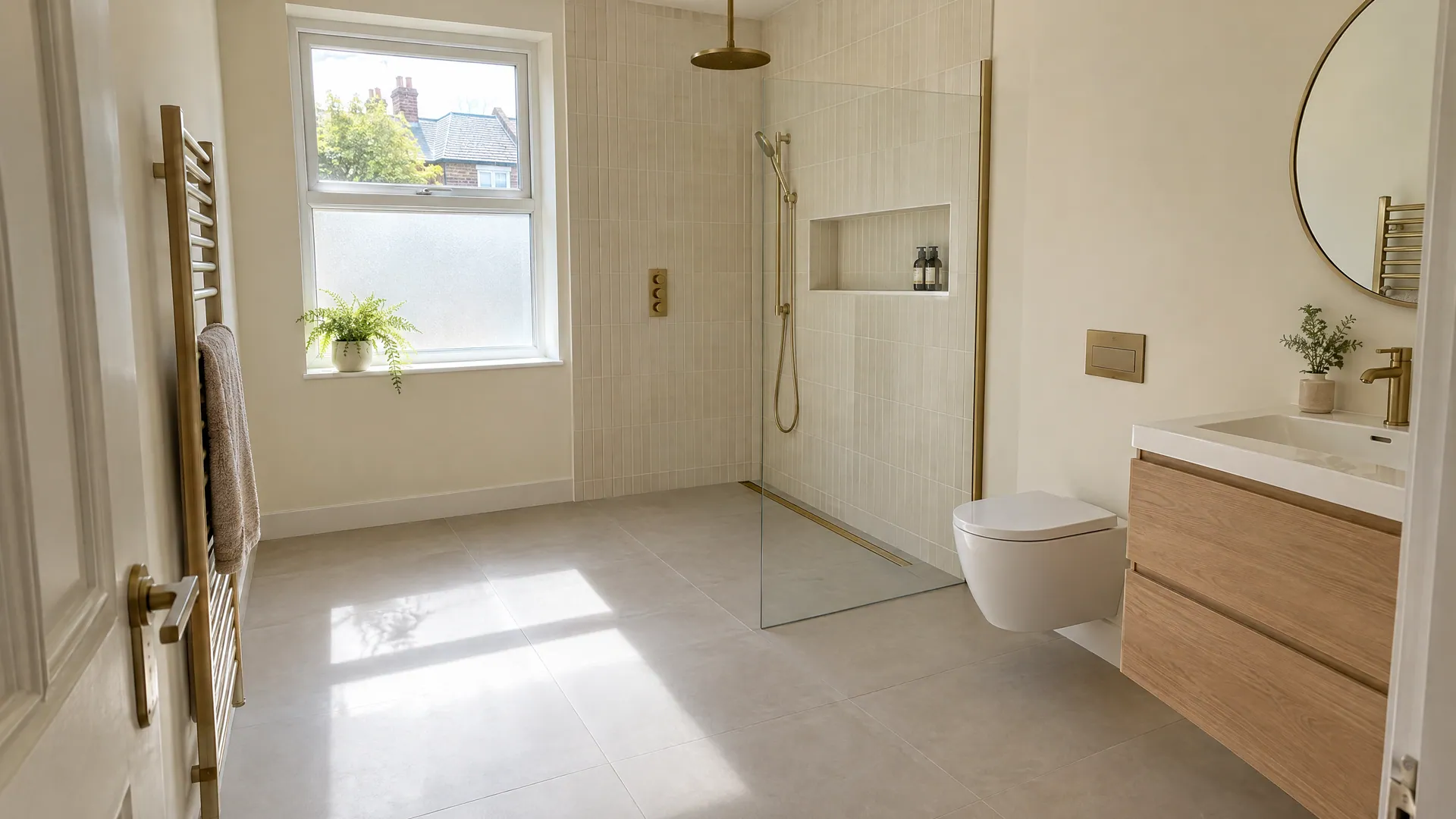 Wet room ideas for Irish homes: a bright step-free wet room with a fixed glass screen, linear drain and large porcelain tiles.