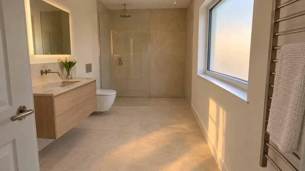 Wet room ideas with large-format matt porcelain tiles running from the door to the shower in a Wicklow home.