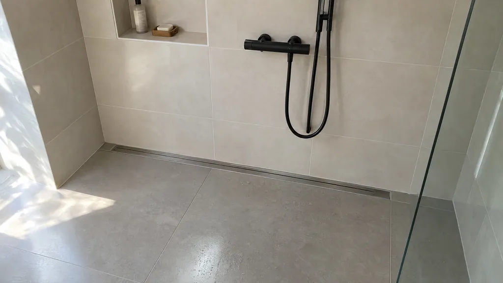 Wet room linear drain in brushed stainless steel along the wall of an Irish shower room, with large porcelain floor tiles.
