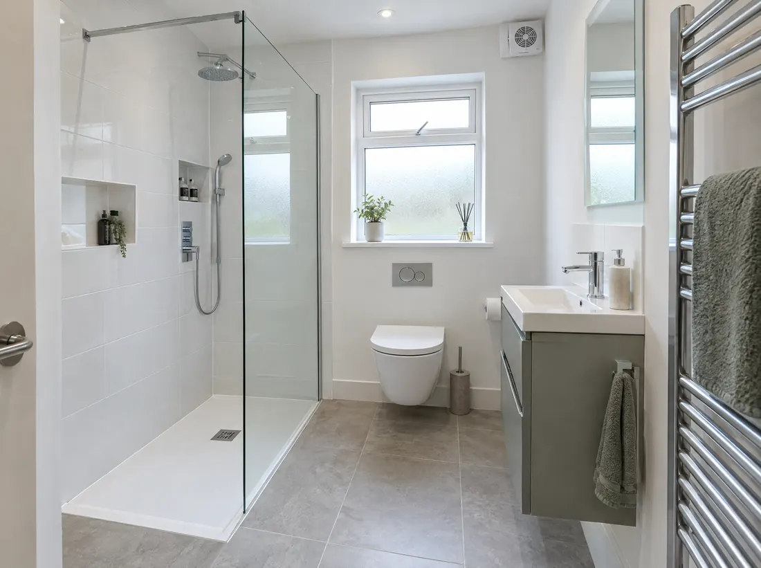 En suite shower room in a converted garage with a walk-in shower and towel radiator