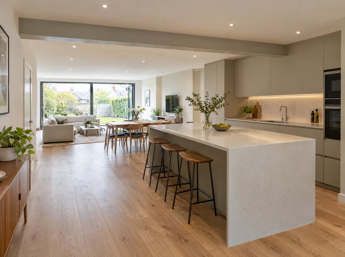Open-plan ground floor with smooth, freshly painted walls