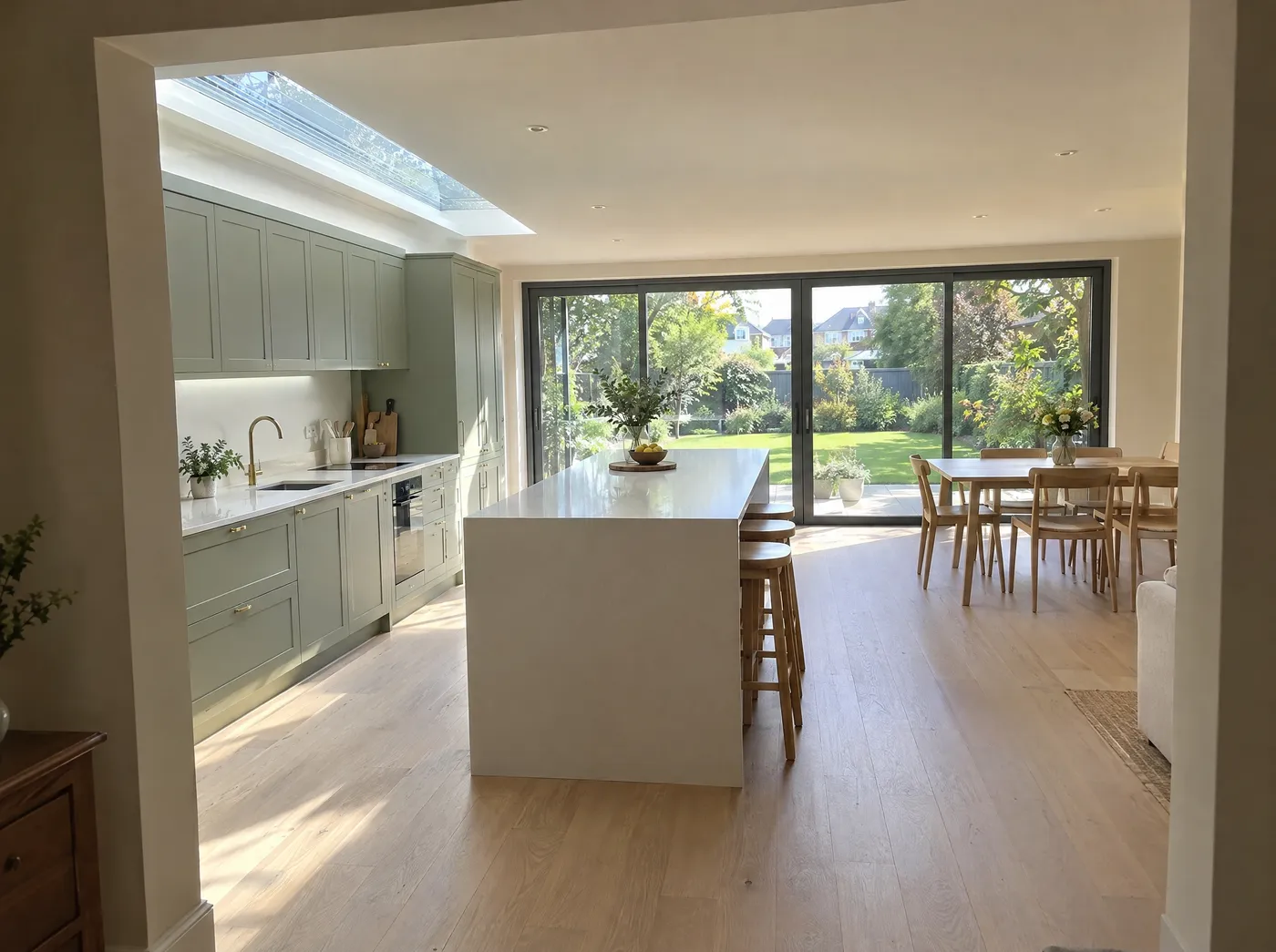 Single-storey rear kitchen extension with an island and wide sliding doors to the garden