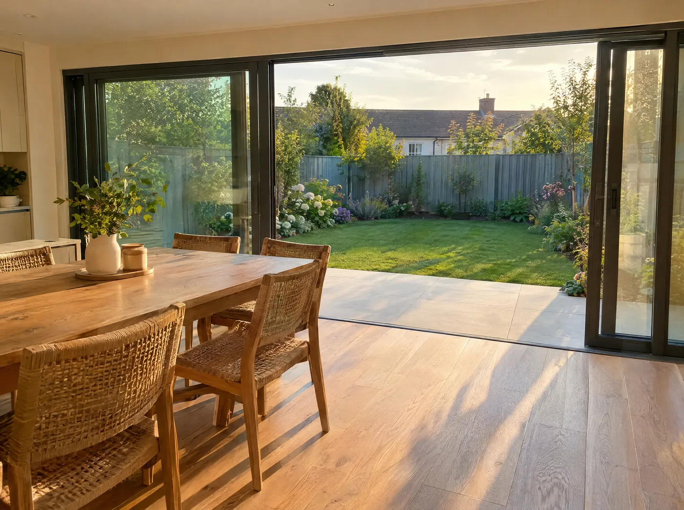 Kitchen-diner extension with wide sliding doors open to a sunny garden