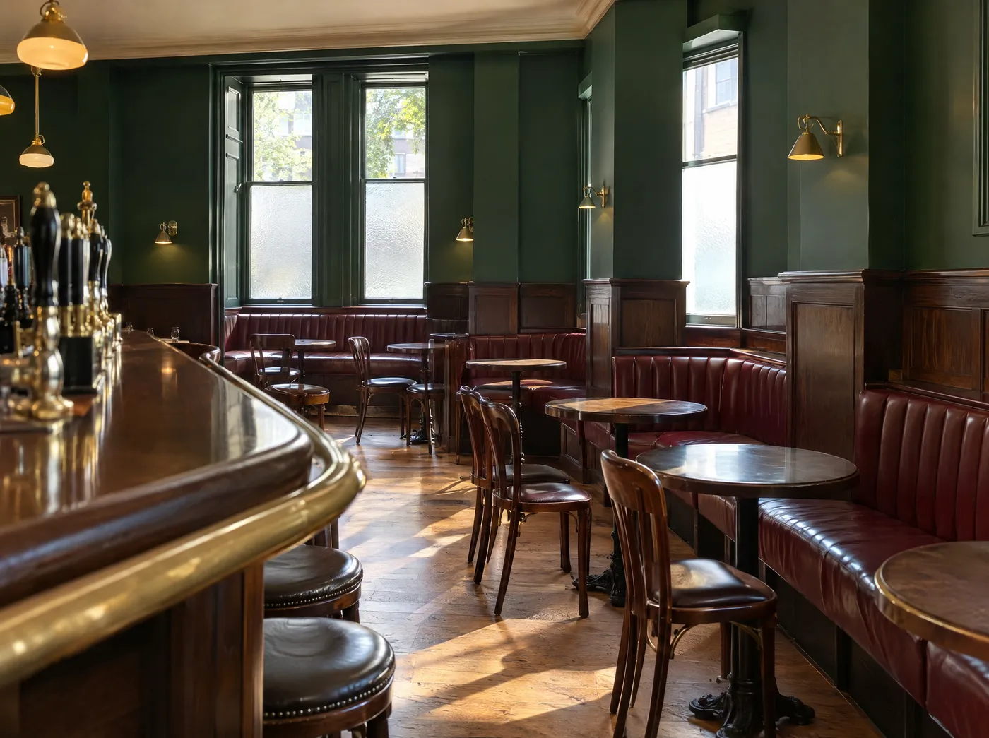 Freshly decorated Dublin pub interior with dark green walls and timber panelling