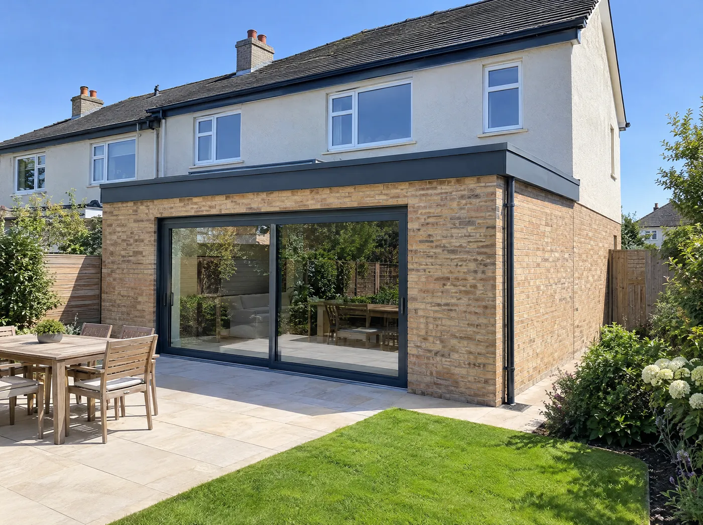 Flat roof single-storey rear extension with sliding doors onto a patio behind a Dublin semi