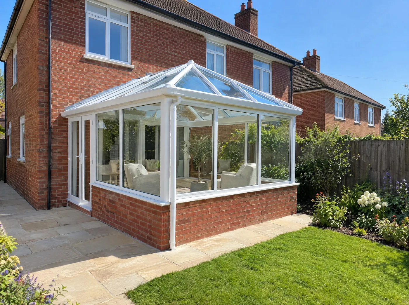 Glazed-roof conservatory on a low brick wall at the back of a house