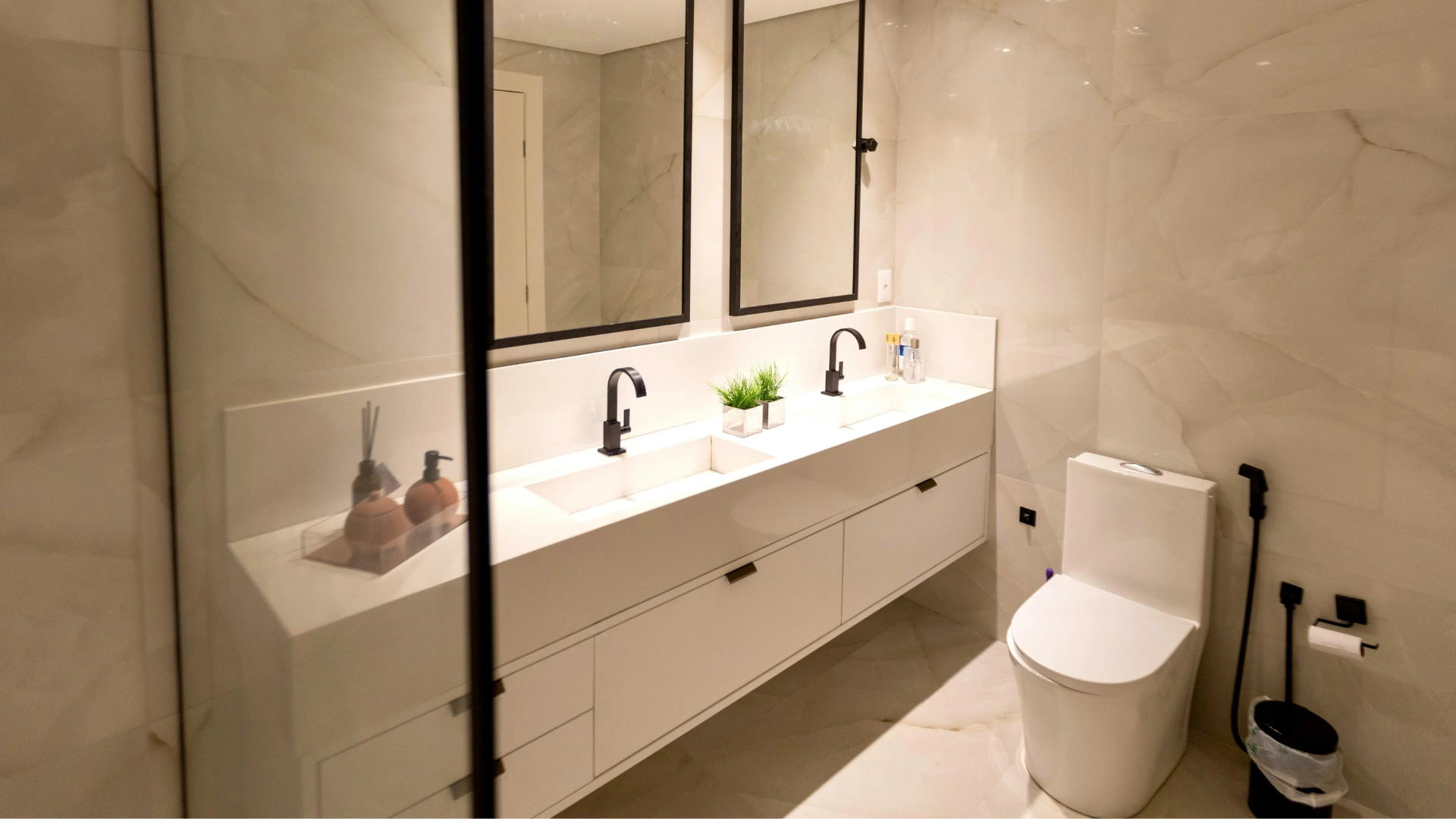 Renovated modern bathroom with a walk-in shower