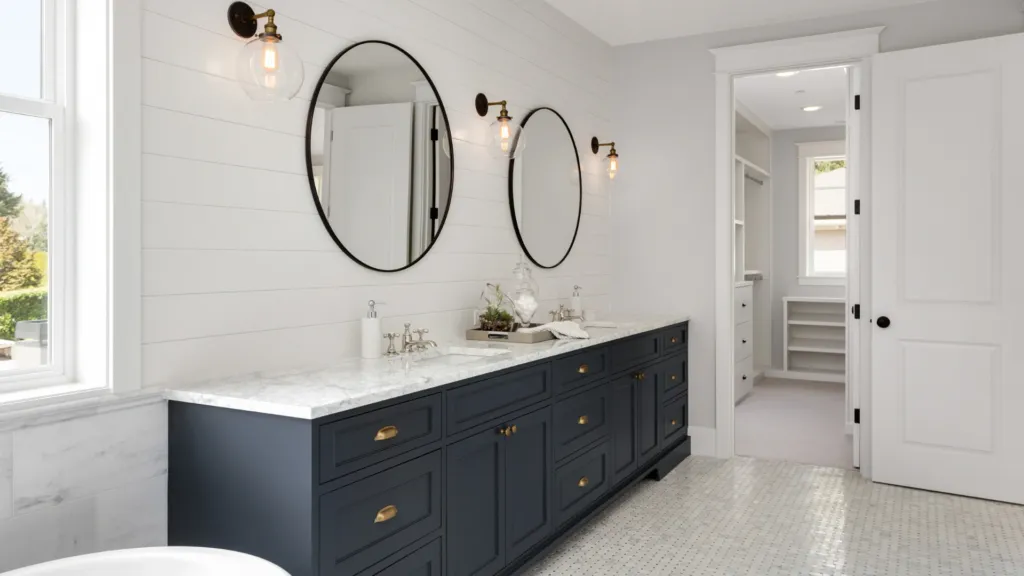 white and blue bathroom renovated