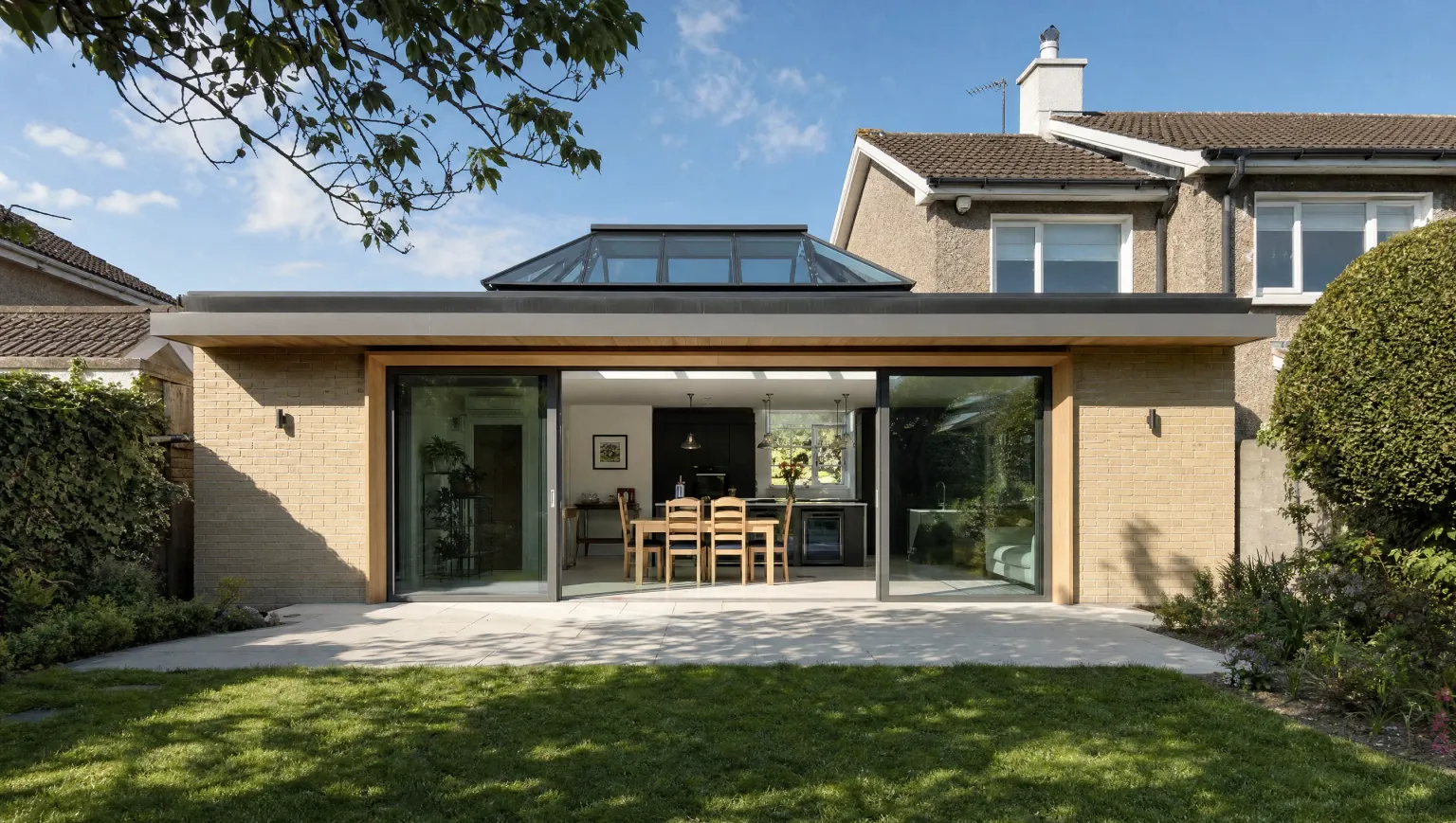 Flat roof extension with a roof lantern over the kitchen
