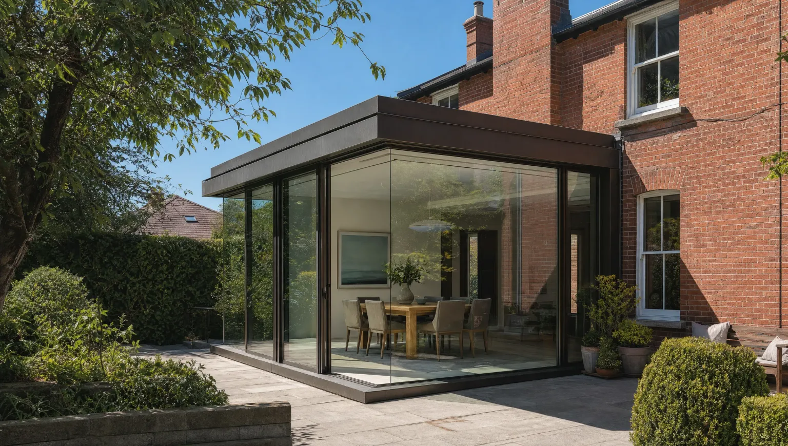Glass box extension on a red-brick house